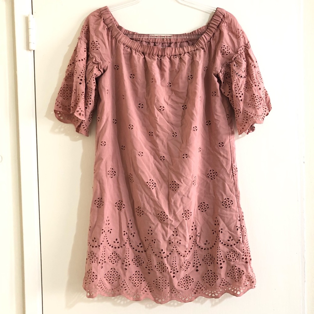 Madewell Off Shoulder Eyelet Dress In Clay - Picture 2 of 6